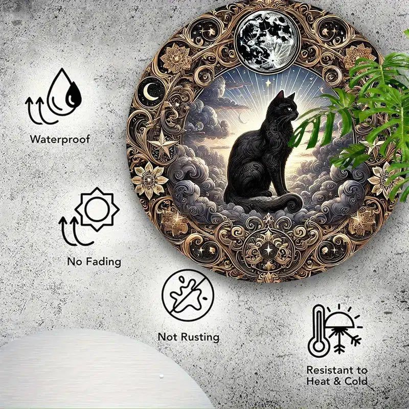 Celestial Moon and Black Cat Metal Sign Occult Cat Wall Decor-MoonChildWorld