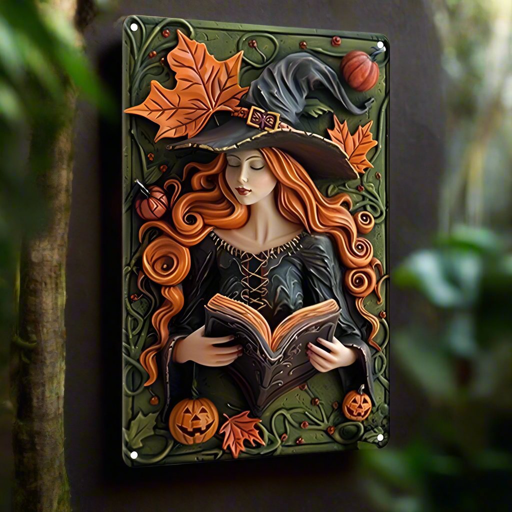 Witch Reading Magic Book Wall Art Halloween Witch Metal Sign Spooky Home Decor-MoonChildWorld