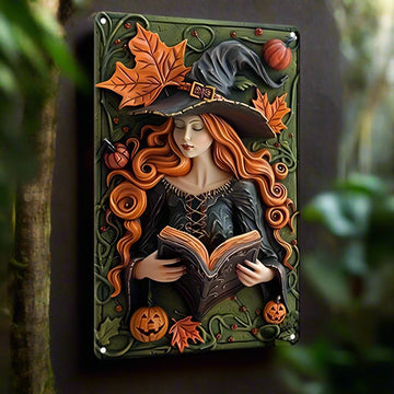 Witch Reading Magic Book Wall Art Halloween Witch Metal Sign Spooky Home Decor-MoonChildWorld