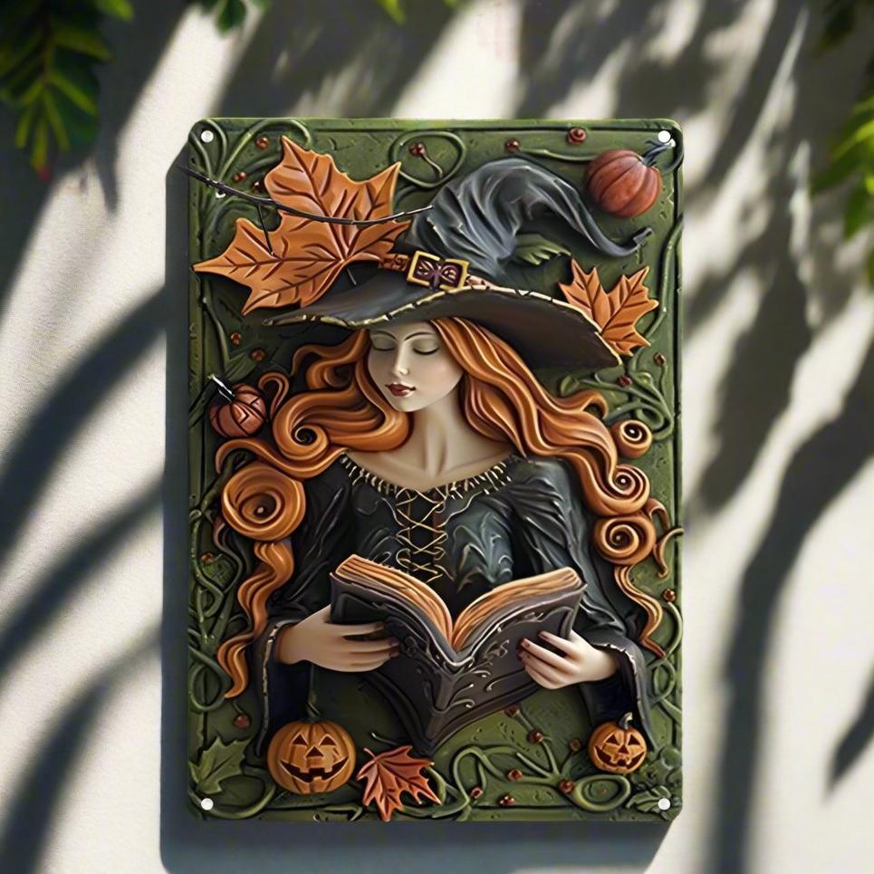 Witch Reading Magic Book Wall Art Halloween Witch Metal Sign Spooky Home Decor-MoonChildWorld