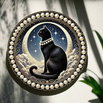 Celestial Moon and Black Cat Metal Sign Mystical Wall Decor