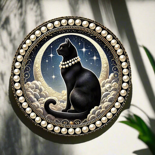 Celestial Moon and Black Cat Metal Sign Mystical Wall Decor