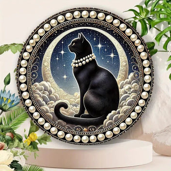 Celestial Moon and Black Cat Metal Sign Mystical Wall Decor