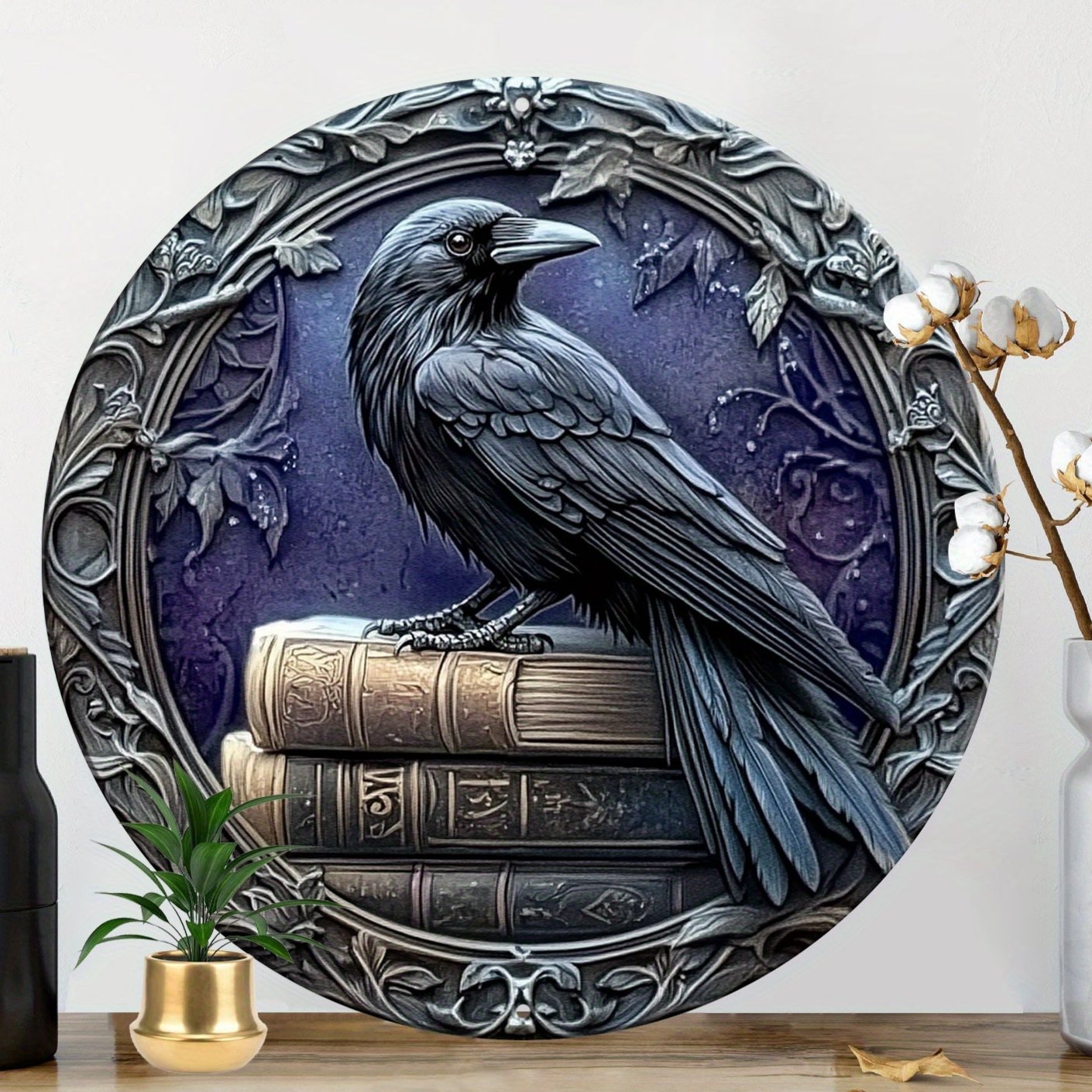 Dark Crow Wall Art Witchy Raven Metal Sign for Gothic Halloween Decorations-MoonChildWorld