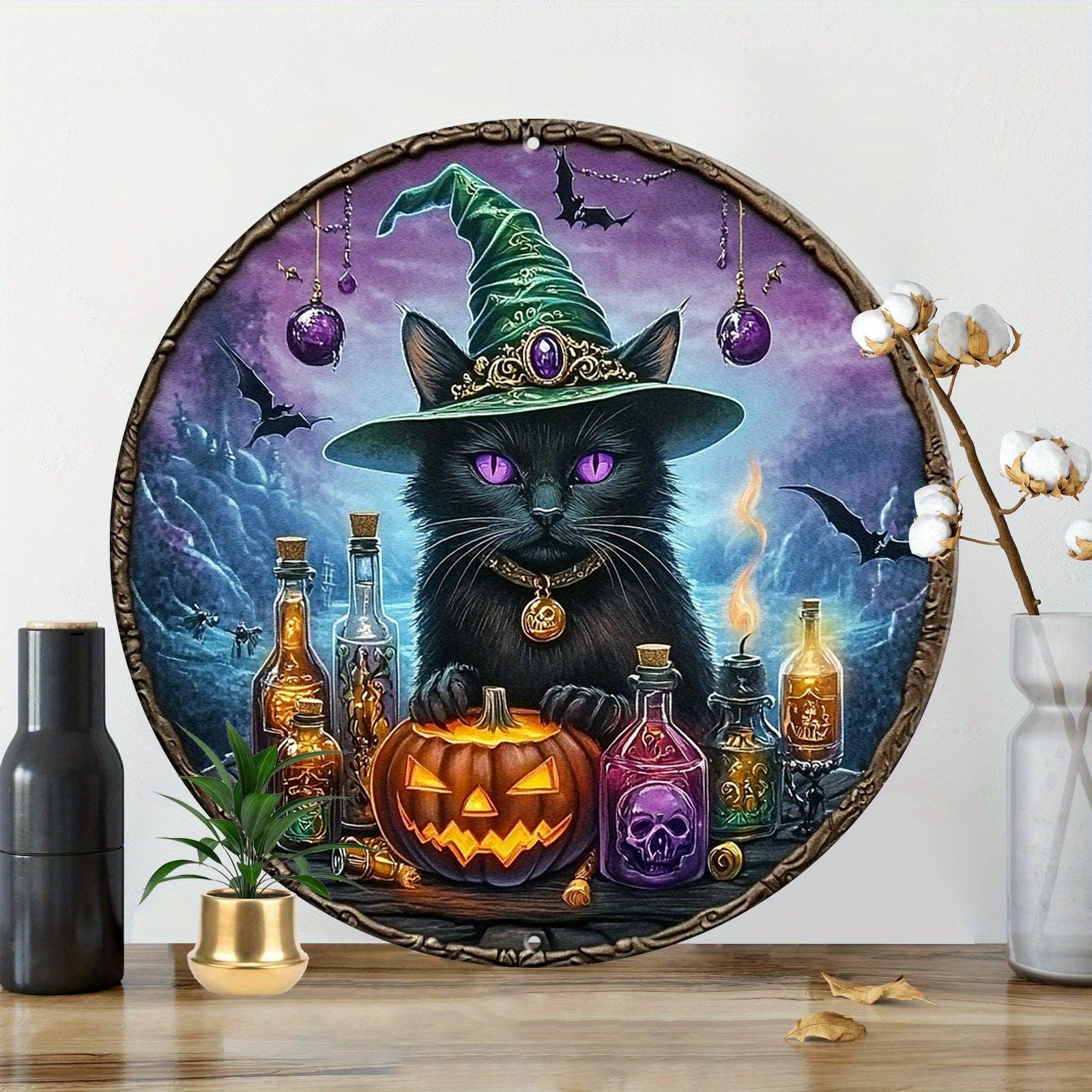 Witchy Black Cat Metal Sign for Halloween Wall Decor-MoonChildWorld