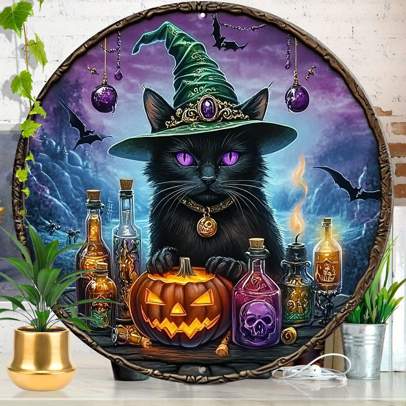 Witchy Black Cat Metal Sign for Halloween Wall Decor-MoonChildWorld