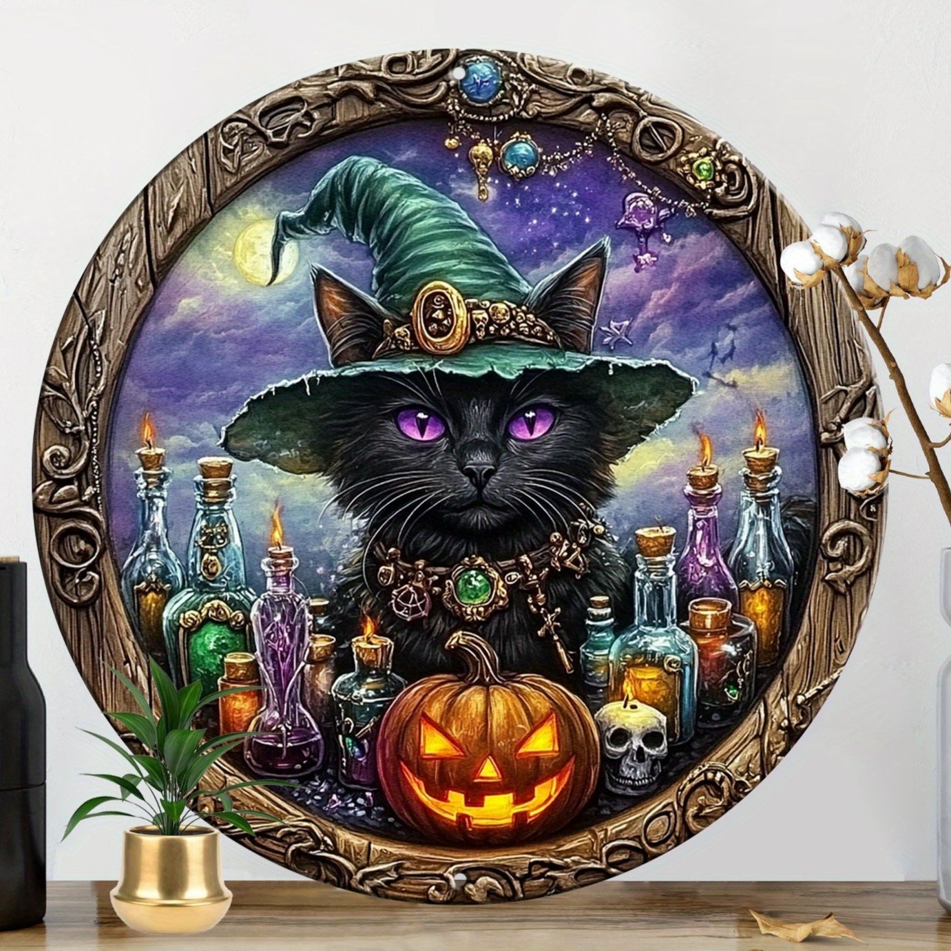 Witchy Black Cat Metal Sign for Halloween Wall Decor-MoonChildWorld