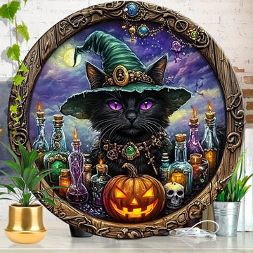 Witchy Black Cat Metal Sign for Halloween Wall Decor-MoonChildWorld