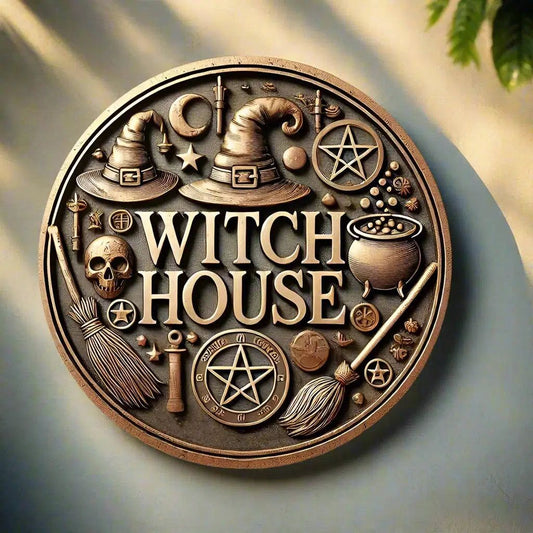 Whimsical Witch House Metal Sign for Halloween Decorations