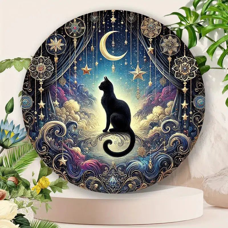 Witchy Black Cat Metal Sign Magic Moon Cat Wall Sign-MoonChildWorld