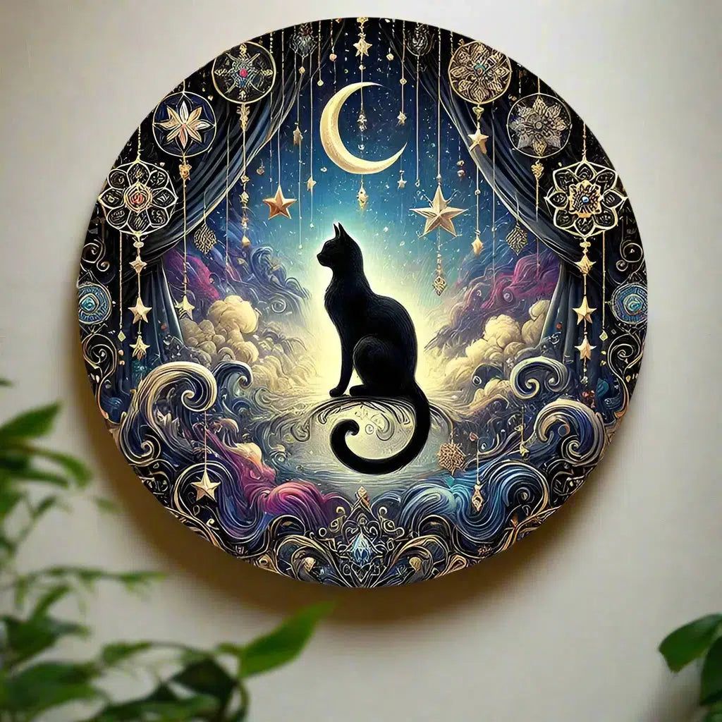 Witchy Black Cat Metal Sign Magic Moon Cat Wall Sign-MoonChildWorld