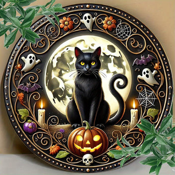 Witchy Black Cat Metal Sign Wall Art - Wiccan Halloween & Christmas Decor