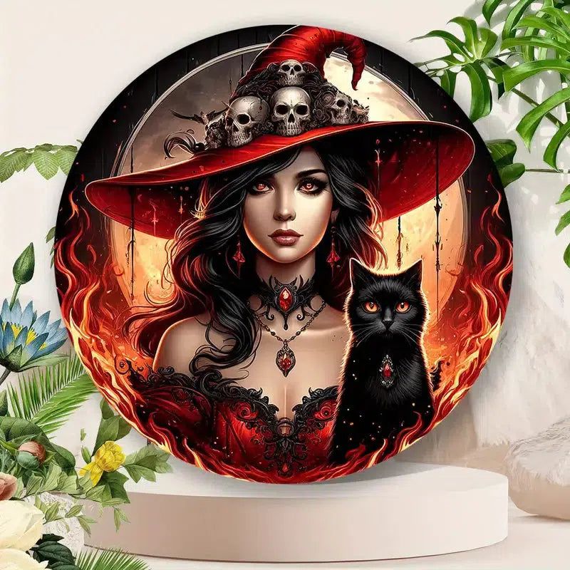 Spooky Witch and Black Cat Metal Sign Halloween Home Decor-MoonChildWorld