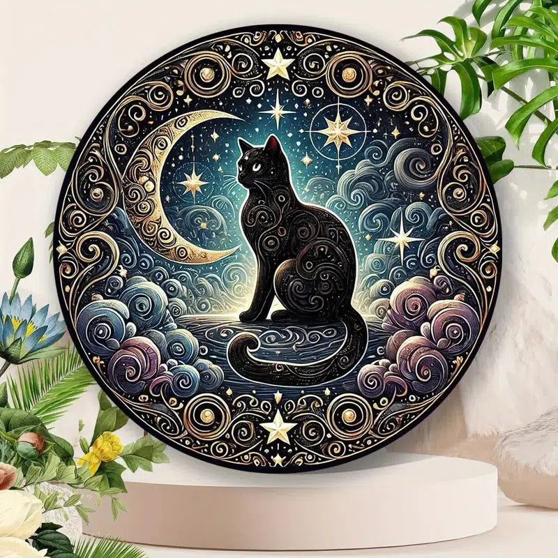 Mystical Moon Black Cat Metal Sign Occult Cat Home Decor-MoonChildWorld