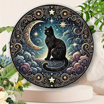 Mystical Moon Black Cat Metal Sign Occult Cat Home Decor