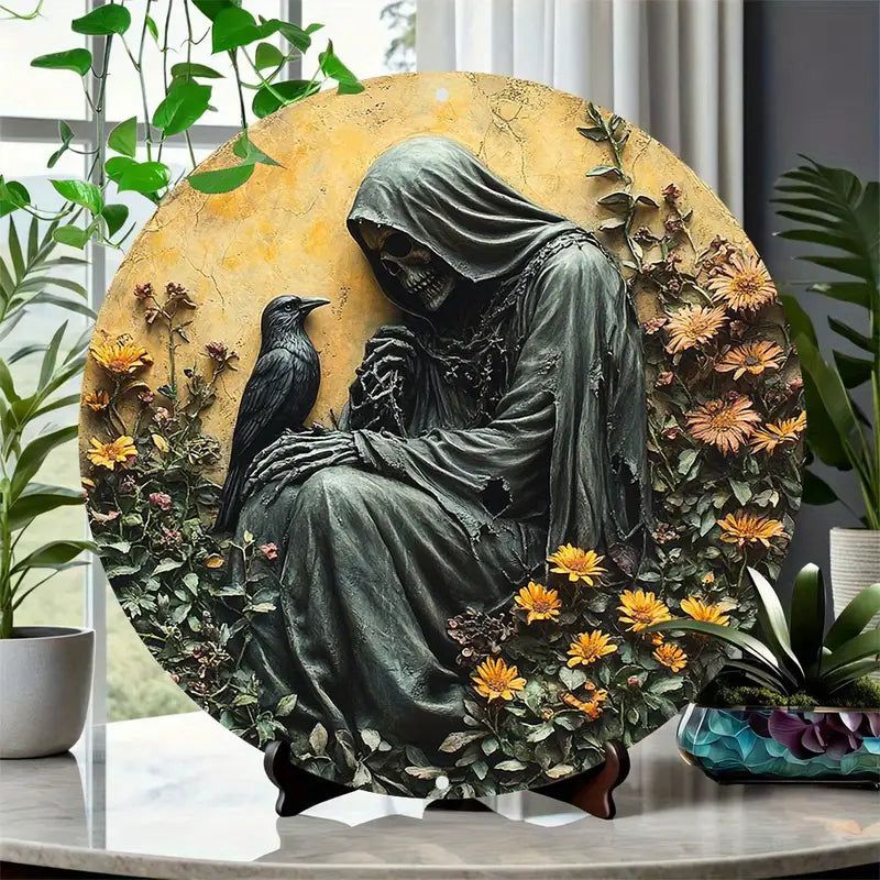 Gothic Home Decor Grim Reaper and Raven Metal Sign for Halloween-MoonChildWorld