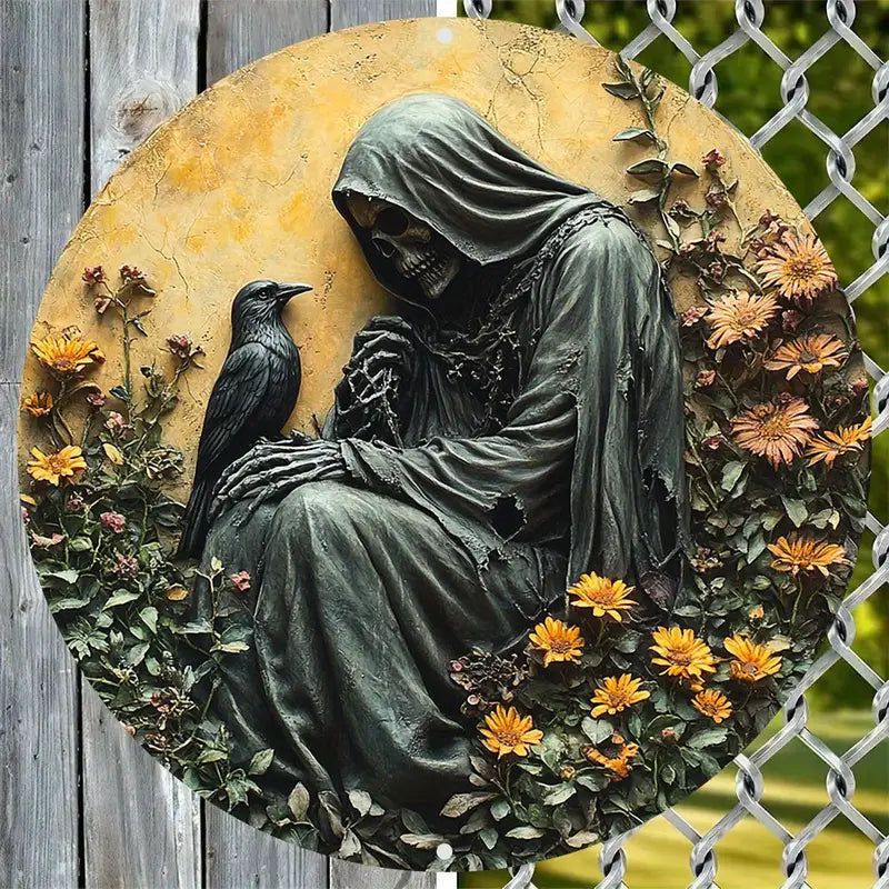 Gothic Home Decor Grim Reaper and Raven Metal Sign for Halloween-MoonChildWorld