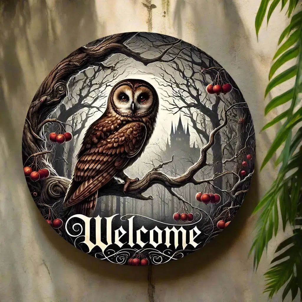 Gothic Owl Metal Wall Art Owl Welcome Sign Wall Decor-MoonChildWorld