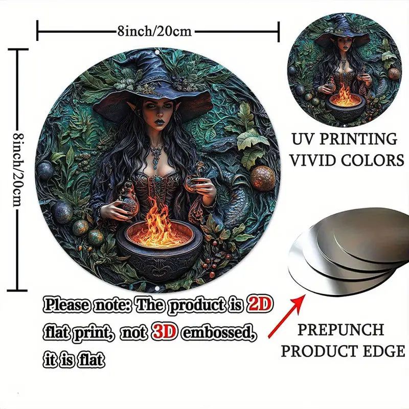 Cauldron and Dark Witch Metal Sign Mystical Halloween Decor-MoonChildWorld