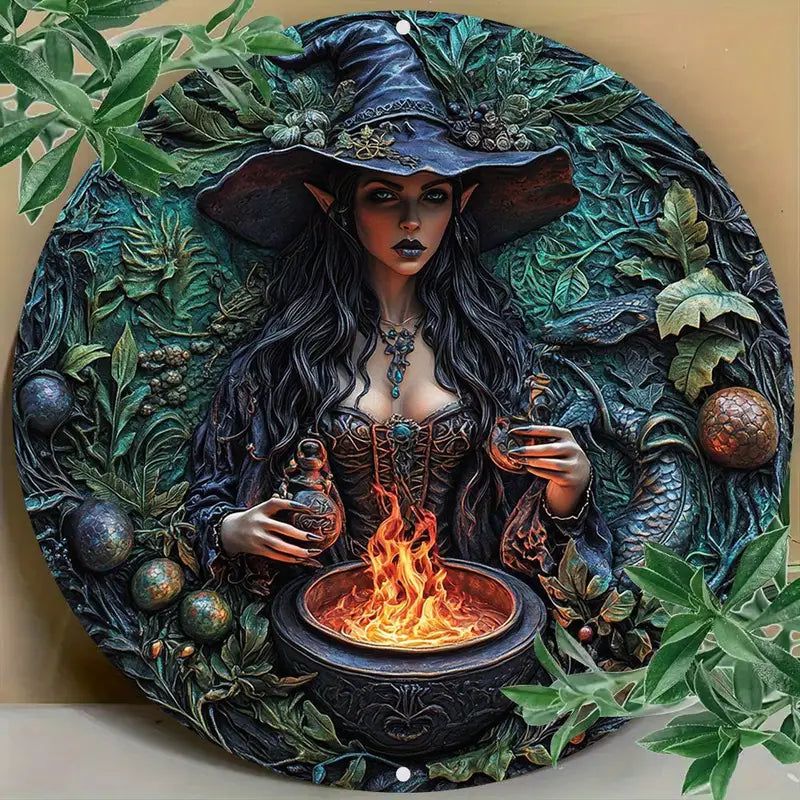 Cauldron and Dark Witch Metal Sign Mystical Halloween Decor-MoonChildWorld