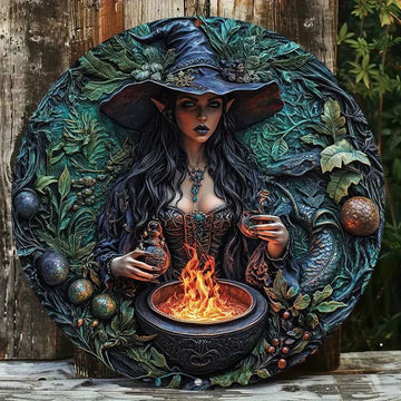 Cauldron and Dark Witch Metal Sign Mystical Halloween Decor-MoonChildWorld