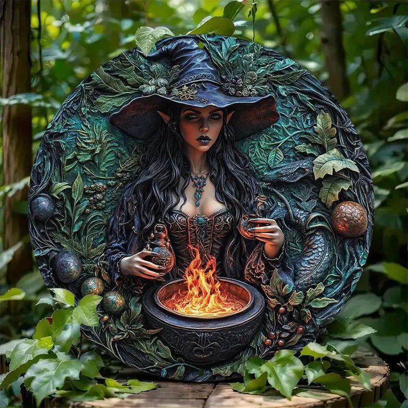 Cauldron and Dark Witch Metal Sign Mystical Halloween Decor-MoonChildWorld