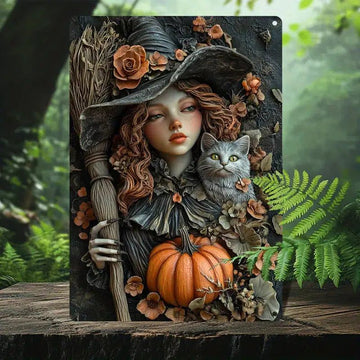 Magic Cat and Witch Metal Sign for Halloween-MoonChildWorld