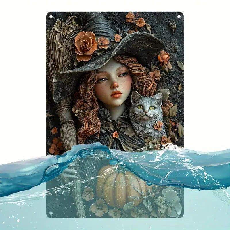 Magic Cat and Witch Metal Sign for Halloween-MoonChildWorld