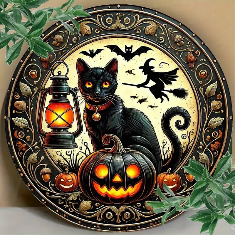 Black Cat Halloween Metal Sign Spooky Cat Wall Art Witchy Home Decor-MoonChildWorld