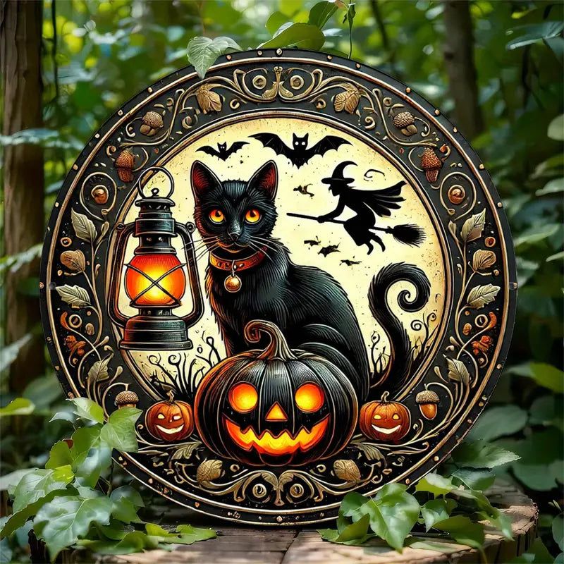 Black Cat Halloween Metal Sign Spooky Cat Wall Art Witchy Home Decor-MoonChildWorld