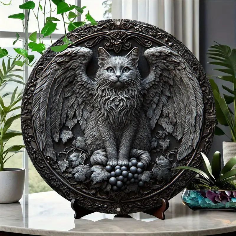 Black Cat Winged Wall Art Gothic Cat Metal Sign for Halloween-MoonChildWorld