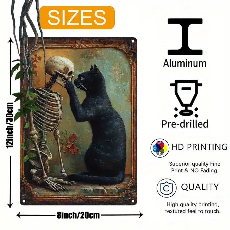 Black Cat & Skeleton Wall Art Sign Perfect for Halloween-MoonChildWorld