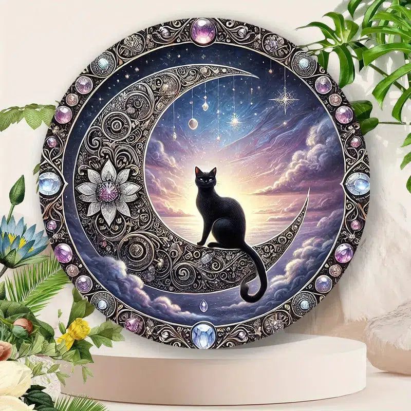 Black Cat On The Moon Metal Sign Mystical Wall Decor-MoonChildWorld