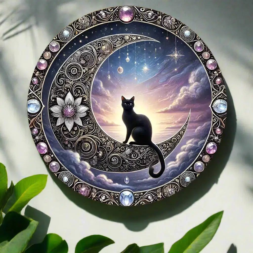 Black Cat On The Moon Metal Sign Mystical Wall Decor-MoonChildWorld