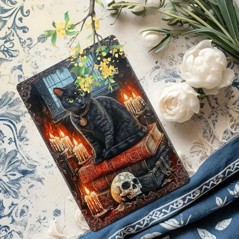 Skull and Black Cat Wall Art Gothic Metal Sign for Halloween Decor-MoonChildWorld