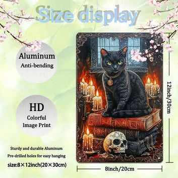 Skull and Black Cat Wall Art Gothic Metal Sign for Halloween Decor