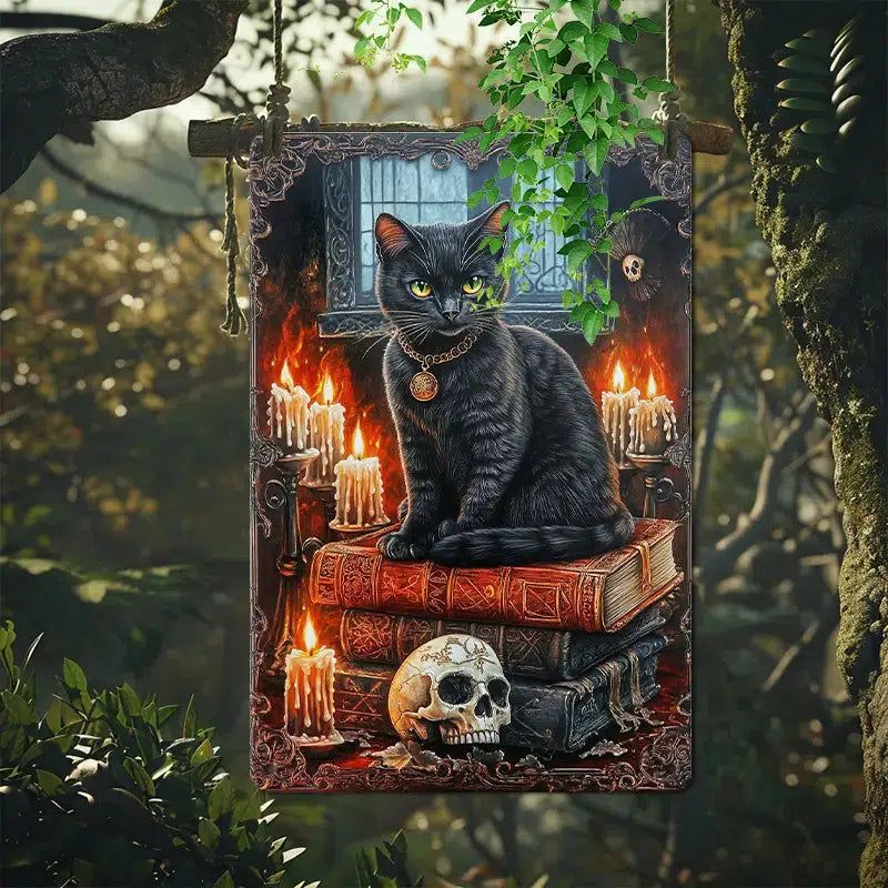 Skull and Black Cat Wall Art Gothic Metal Sign for Halloween Decor-MoonChildWorld