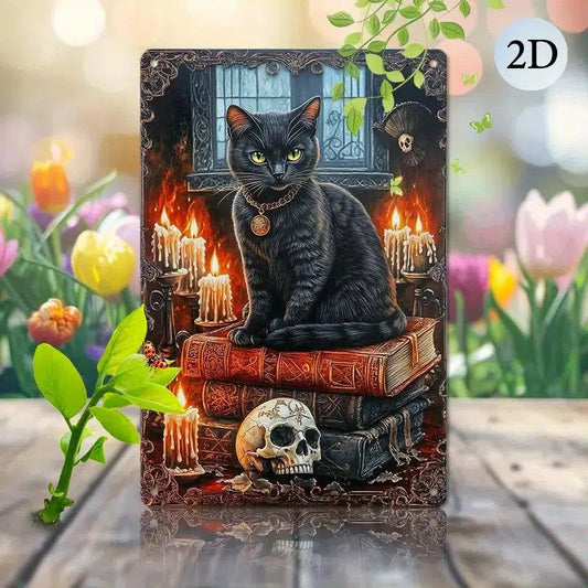 Skull and Black Cat Wall Art Gothic Metal Sign for Halloween Decor