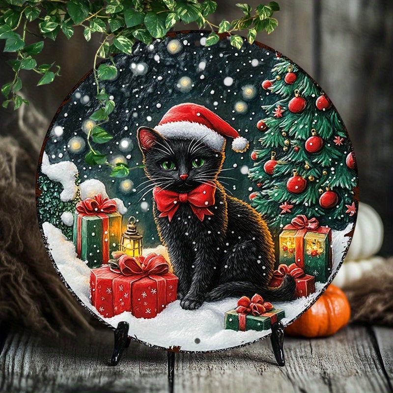 Charming Black Cat Wall Art Witchy Cat Metal Sign for Gothic Christmas Decorations-MoonChildWorld