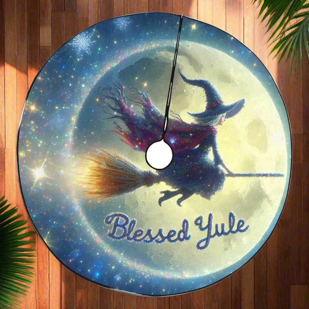 Full Moon and Flying Witch Christmas Tree Skirt for Yule Decor-MoonChildWorld