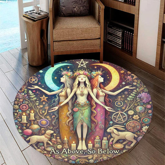 Wicca Triple Goddess Round Rug Hecate Goddess Carpet for Pagan Home Decor