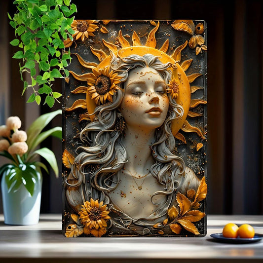 Sunflower Girl Sun Goddess Metal Sign Celestial Home Decor