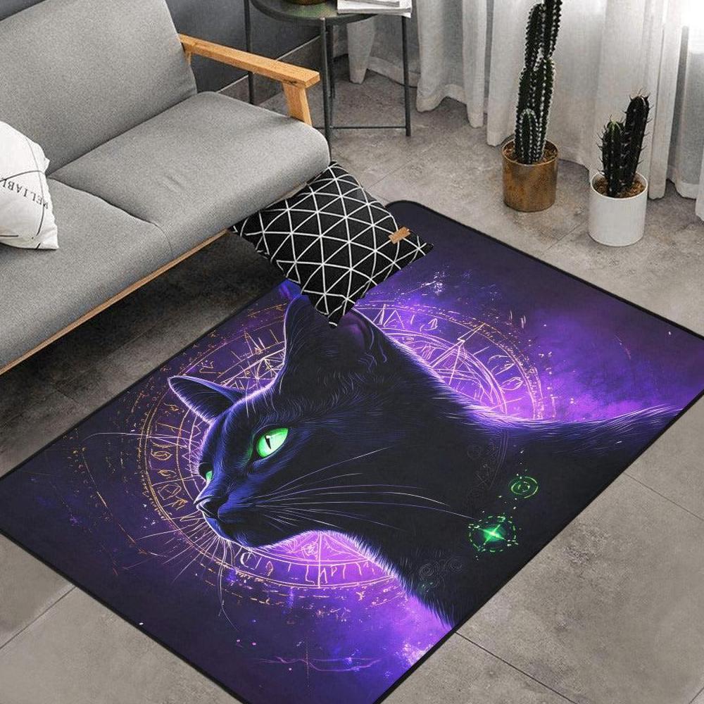 Black Cat Wiccan Area Rug Witchy Cat Witchcraft Carpet-MoonChildWorld