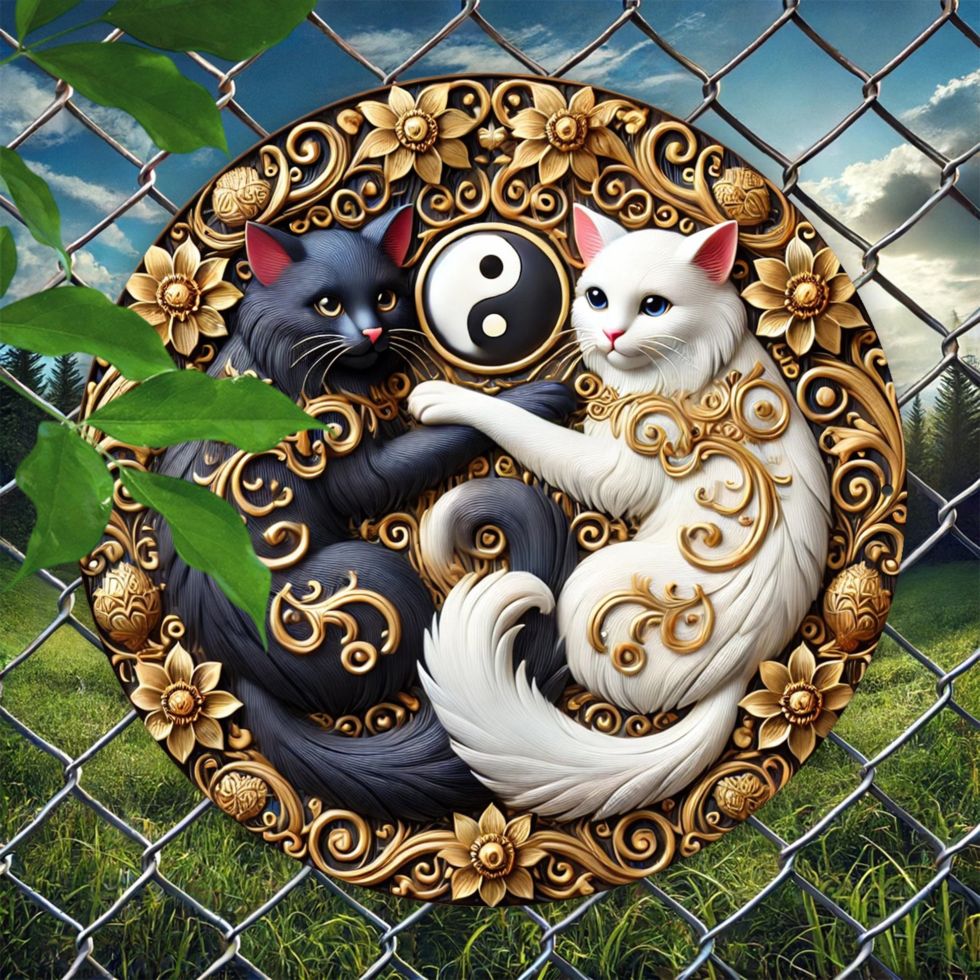 Black & White Cat Metal Sign Yin Yang Cat Wall Sign Feng Shui Home Decor-MoonChildWorld