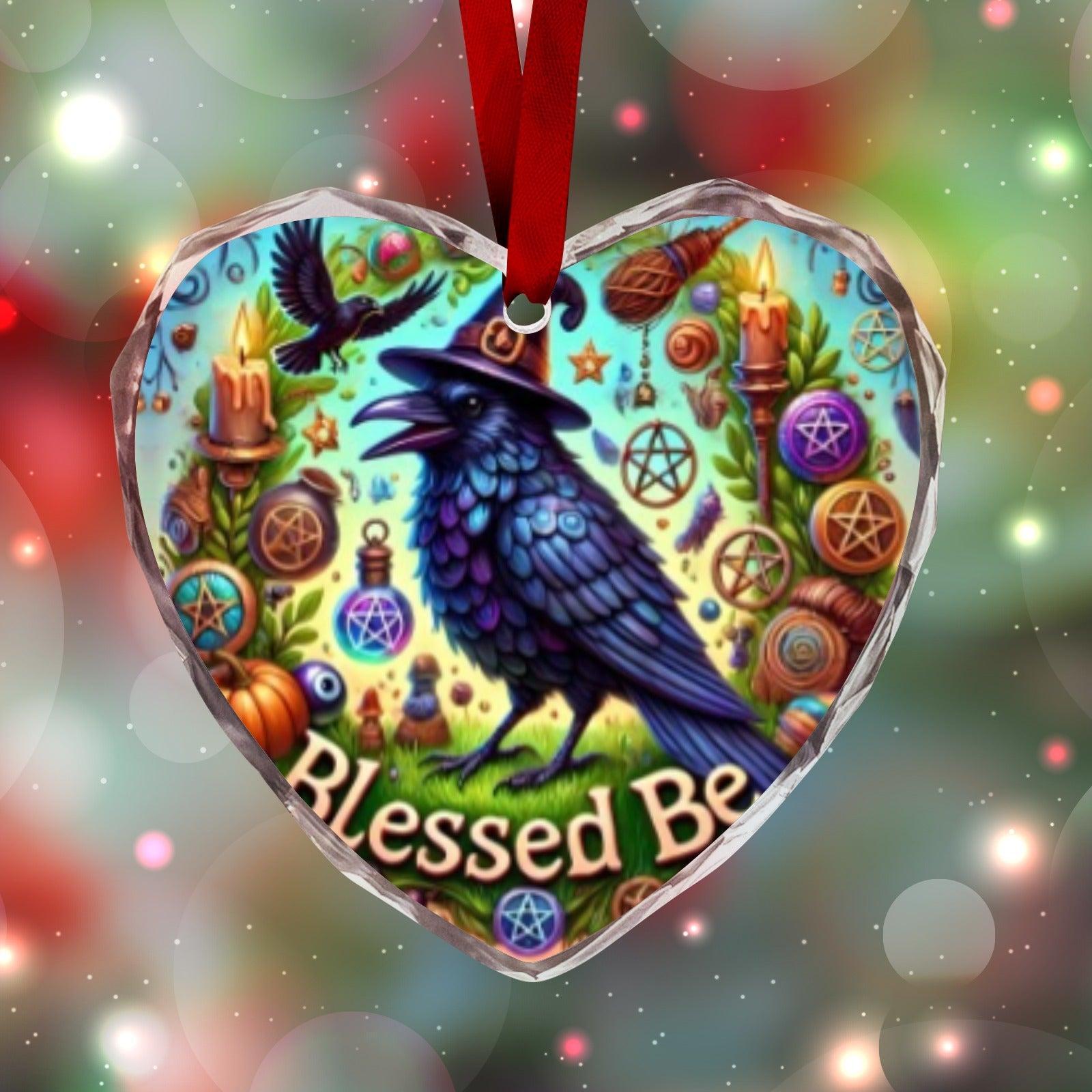 Witchy Raven Gothic Crow Christmas Heart-Shaped Crystal Glass Ornament-MoonChildWorld