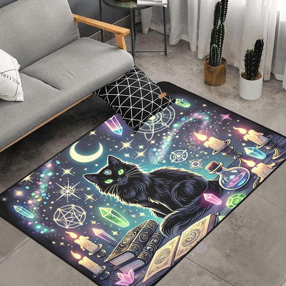 Black Cat Wiccan Area Rug Witchy Cat Witchcraft Carpet-MoonChildWorld