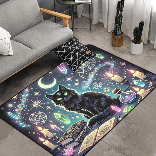 Black Cat Wiccan Area Rug Witchy Cat Witchcraft Carpet