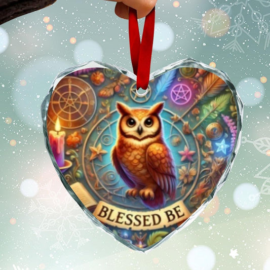 Wicca Owl Blessed Yule Witchy Christmas Heart-Shaped Crystal Glass Ornament