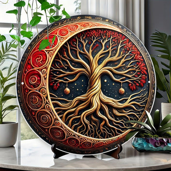 Red Golden Moon Tree Wall Art Tree of life Metal Sign Pagan Yule Home Decor