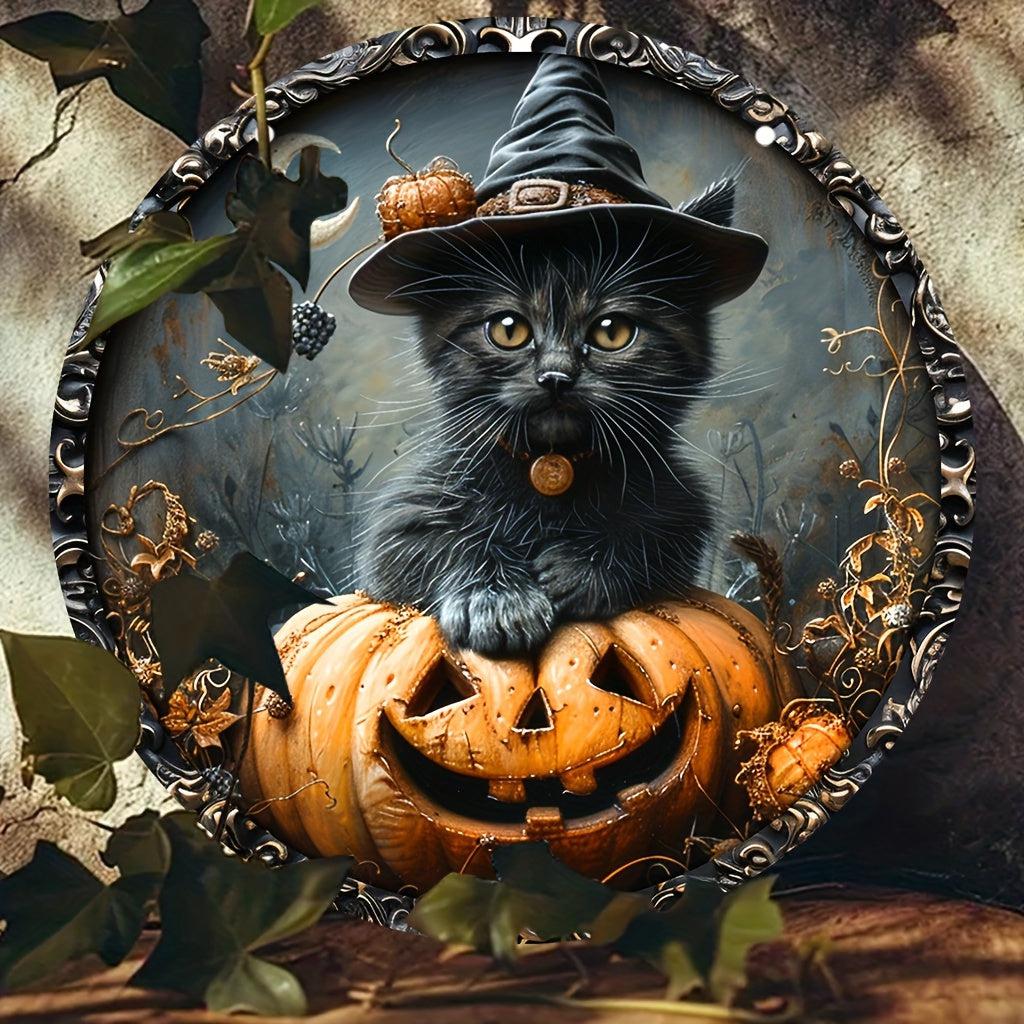 Witchy Black Cat Halloween Metal Sign Spooky Decor-MoonChildWorld